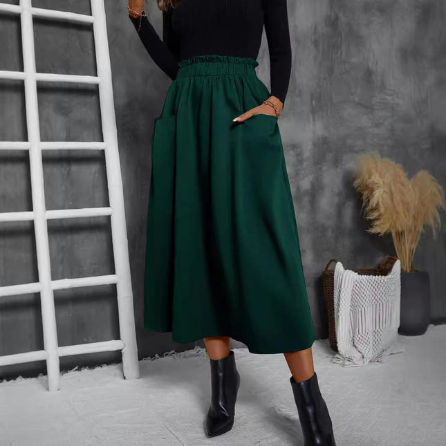Womens Casual Elastic High Waist A Line Swing Midi Skirt with Pockets