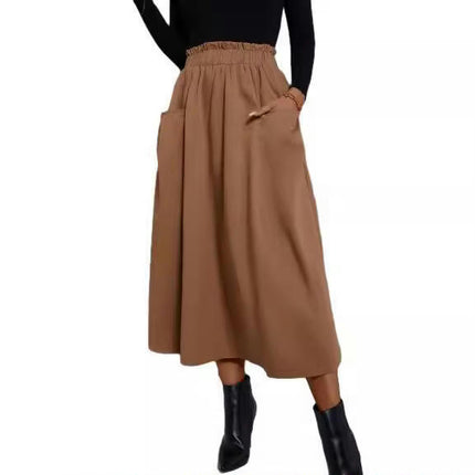 Womens Casual Elastic High Waist A Line Swing Midi Skirt with Pockets