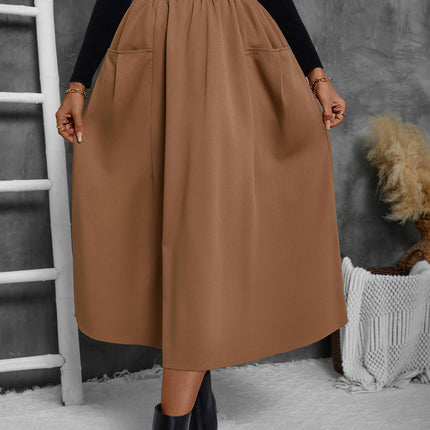Womens Casual Elastic High Waist A Line Swing Midi Skirt with Pockets
