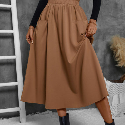 Womens Casual Elastic High Waist A Line Swing Midi Skirt with Pockets