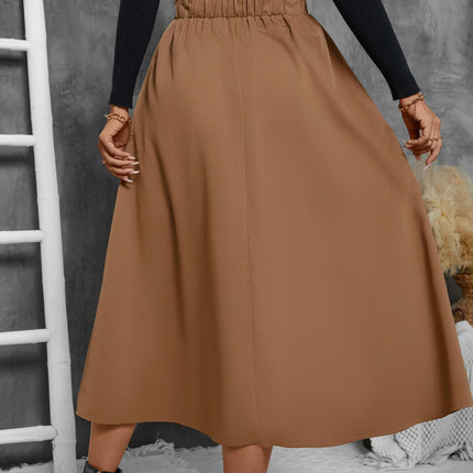 Womens Casual Elastic High Waist A Line Swing Midi Skirt with Pockets