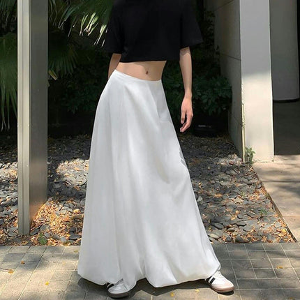 Women Satin Bubble Maxi Skirt High Waist A Line Flowy Ruffle Balloon Long Skirts