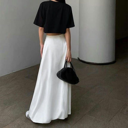 Women Satin Bubble Maxi Skirt High Waist A Line Flowy Ruffle Balloon Long Skirts