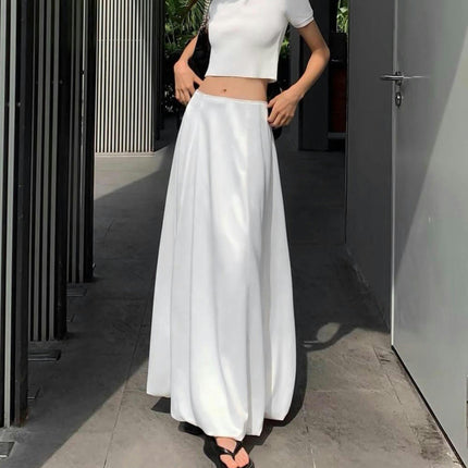 Women Satin Bubble Maxi Skirt High Waist A Line Flowy Ruffle Balloon Long Skirts