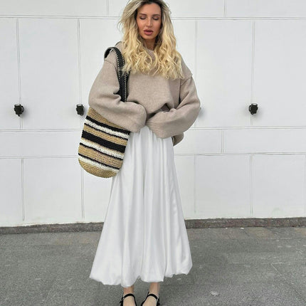 Women Satin Bubble Maxi Skirt High Waist A Line Flowy Ruffle Balloon Long Skirts