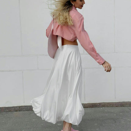 Women Satin Bubble Maxi Skirt High Waist A Line Flowy Ruffle Balloon Long Skirts