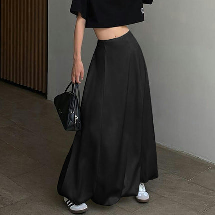 Women Satin Bubble Maxi Skirt High Waist A Line Flowy Ruffle Balloon Long Skirts
