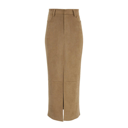 Women's Faux Suede Long Pencil Skirt High Waisted Bodycon Slit Maxi Skirts