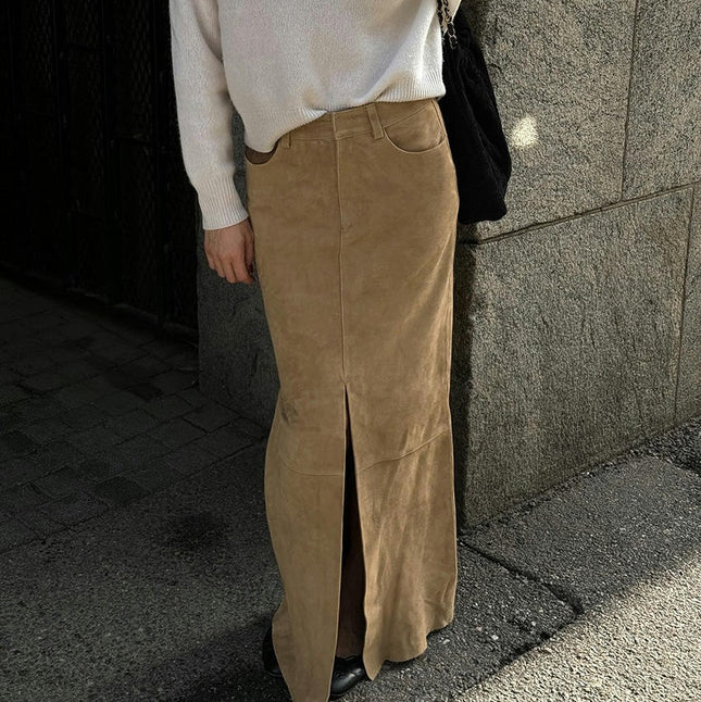 Women's Faux Suede Long Pencil Skirt High Waisted Bodycon Slit Maxi Skirts