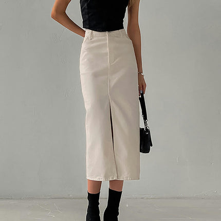 Women's Midi Skirt High Waist Split Casual Pencil Skirt with Pockets