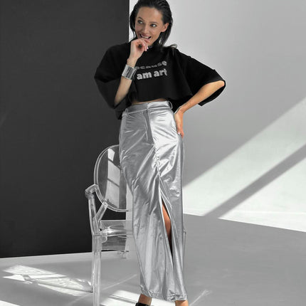 Women Metallic Long Skirt with Slit High Waisted Pencil Bodycon Maxi Skirts