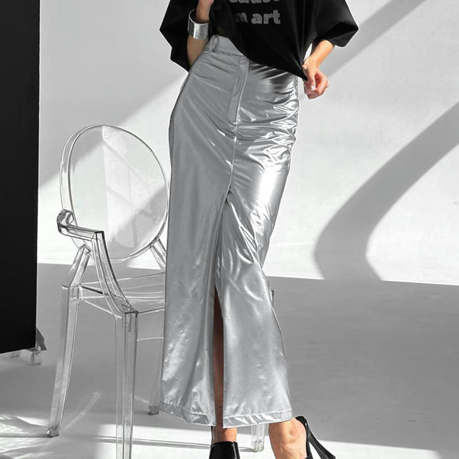 Women Metallic Long Skirt with Slit High Waisted Pencil Bodycon Maxi Skirts
