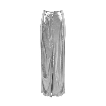Women Metallic Long Skirt with Slit High Waisted Pencil Bodycon Maxi Skirts