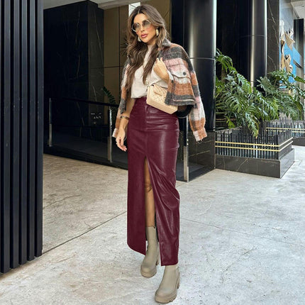 Long Skirts for Women High Waisted Bodycon Casual Faux Leather Maxi Skirt with Slit B