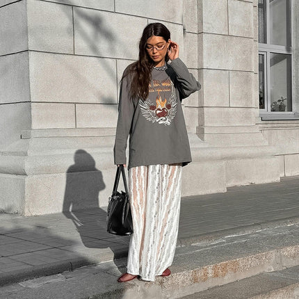 Womens Sheer Lace Maxi Skirt Summer Casual See Through Long Skirts