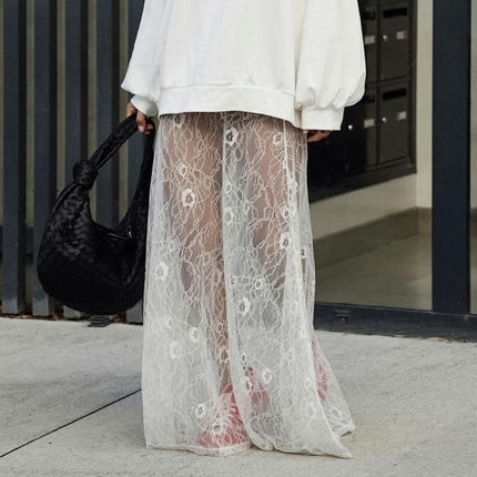 Women High Waist Mesh Maxi Skirt See-Through Lace Beach Long Skirt