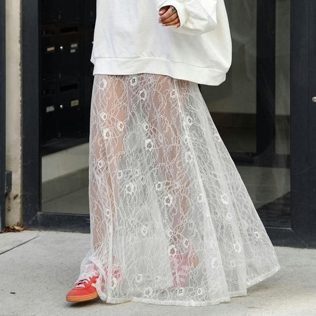 Women High Waist Mesh Maxi Skirt See-Through Lace Beach Long Skirt