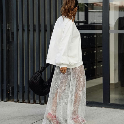Women High Waist Mesh Maxi Skirt See-Through Lace Beach Long Skirt