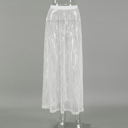 Women High Waist Mesh Maxi Skirt See-Through Lace Beach Long Skirt