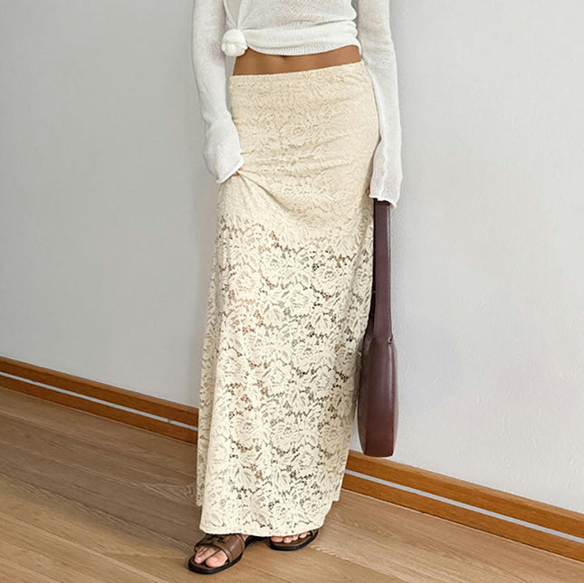 Womens Elegant Floral Lace See-Through Elastic High Waist Maxi Long Skirts