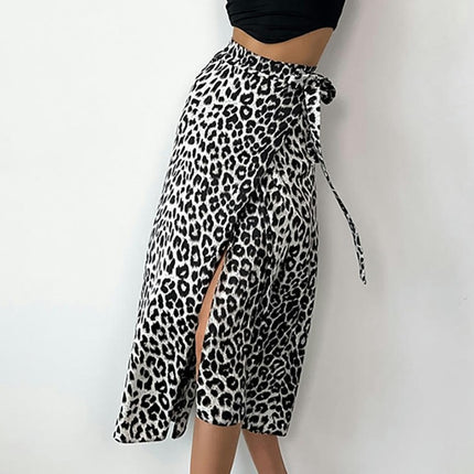 Women Leopard Print Flowy Wrap Long Skirts High Waisted Slit Maxi Skirts