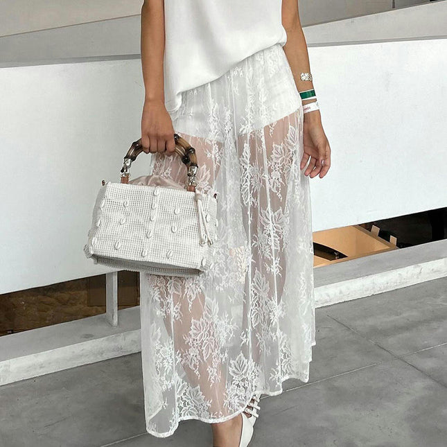 Women Floral Lace See Through Maxi Skirt Sheer Mesh Long Skirt