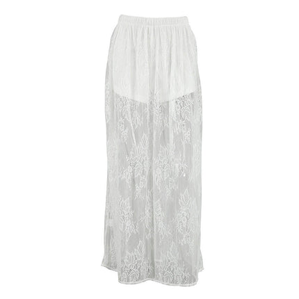 Women Floral Lace See Through Maxi Skirt Sheer Mesh Long Skirt
