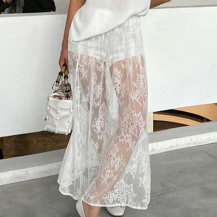 Women Floral Lace See Through Maxi Skirt Sheer Mesh Long Skirt