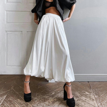 Women Bubble Maxi Skirt Satin High Waist Flowy A Line Ruffle Balloon Skirt