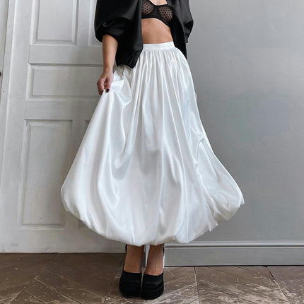 Women Bubble Maxi Skirt Satin High Waist Flowy A Line Ruffle Balloon Skirt