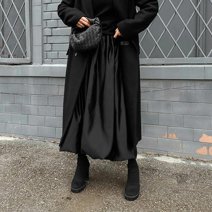 Women Bubble Maxi Skirt Satin High Waist Flowy A Line Ruffle Balloon Skirt