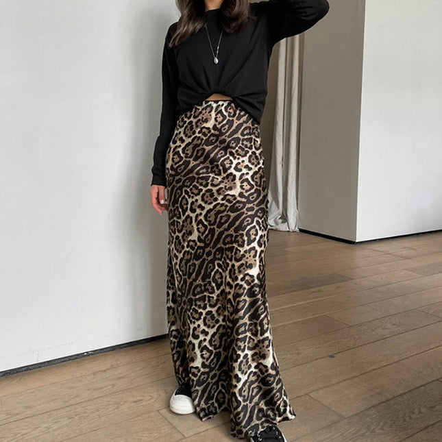 Womens Leopard Print Maxi Skirt Satin High Waist A Line Long Skirts