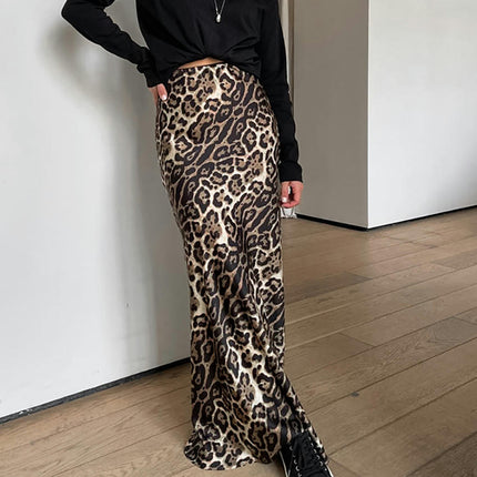 Womens Leopard Print Maxi Skirt Satin High Waist A Line Long Skirts