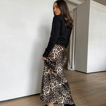 Womens Leopard Print Maxi Skirt Satin High Waist A Line Long Skirts