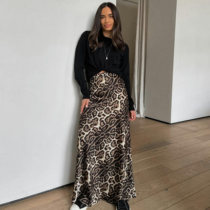 Womens Leopard Print Maxi Skirt Satin High Waist A Line Long Skirts