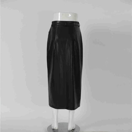 Womens PU Midi Skirt Faux Leather High Waisted Bodycon Slit Pencil Skirts