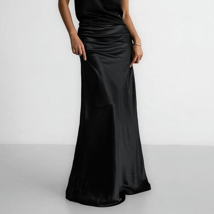 Women's Satin High Waisted A Line Maxi Skirt Elegant Solid Party Long Skirts