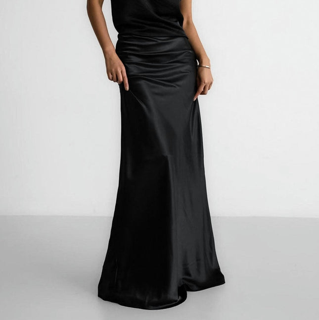 Women's Satin High Waisted A Line Maxi Skirt Elegant Solid Party Long Skirts