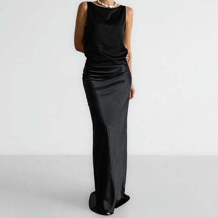 Women's Satin High Waisted A Line Maxi Skirt Elegant Solid Party Long Skirts