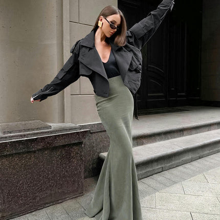 Women's High Waist Bodycon Velvet Fishtail Mermaid Evening Party Maxi Skirt