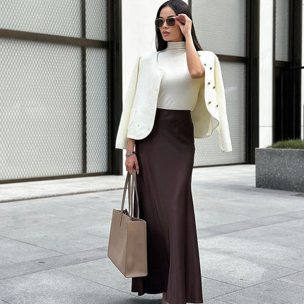 Women's High Waist Satin Maxi Skirt Elegant Flowy A Line Long Skirt