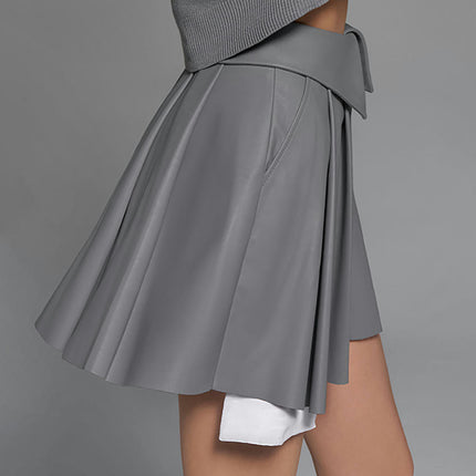 Womens Fuax Leather Skirt High Waisted Pleated A Line Flare Mini Skirts