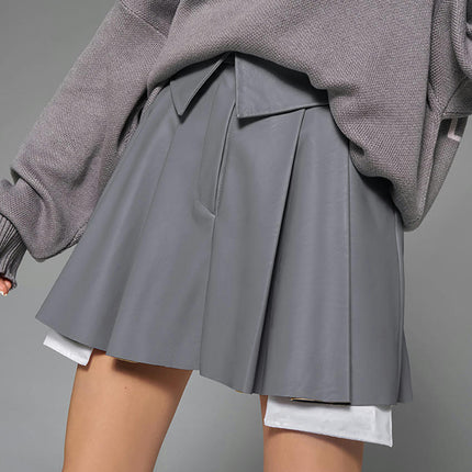 Womens Fuax Leather Skirt High Waisted Pleated A Line Flare Mini Skirts