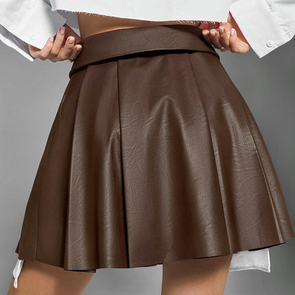 Womens Fuax Leather Skirt High Waisted Pleated A Line Flare Mini Skirts