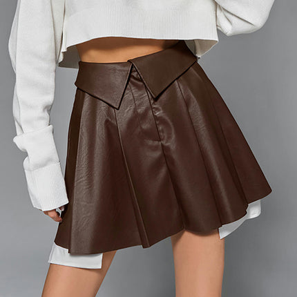 Womens Fuax Leather Skirt High Waisted Pleated A Line Flare Mini Skirts