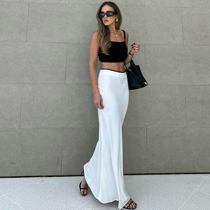 Women's Satin High Waist Maxi Skirt Elegant Flowy A Line Slim Long Skirt
