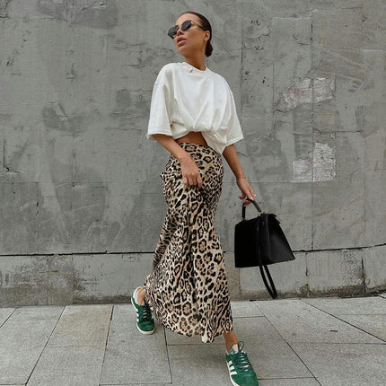 Women Leopard Print Maxi Skirt High Waist A Line Casual Long Skirts