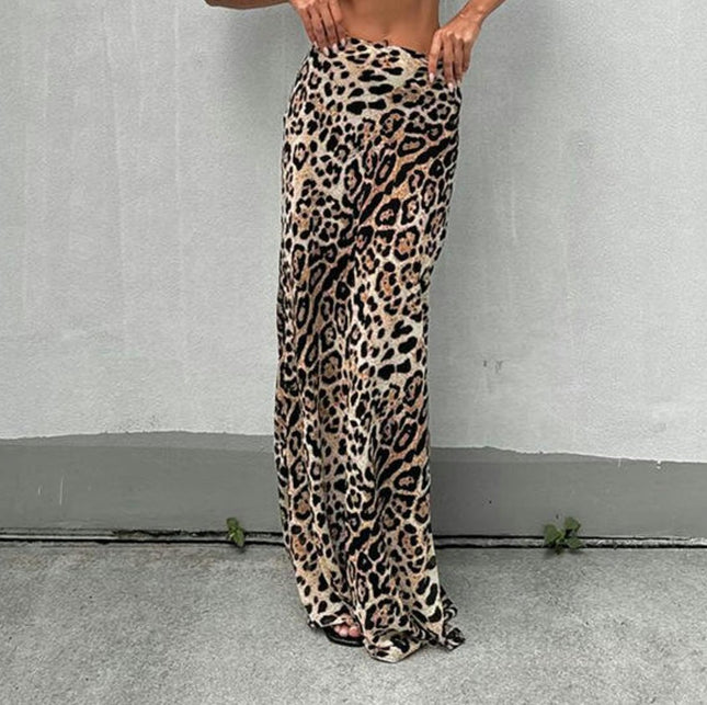Women Leopard Print Maxi Skirt High Waist A Line Casual Long Skirts