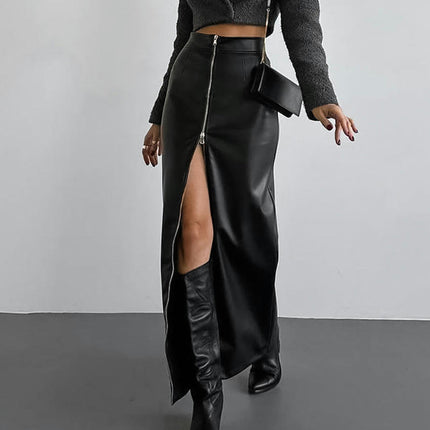 Women's Faux Leather High Waist Pencil Maxi Skirt Zipper Split Bodycon Long Skirt