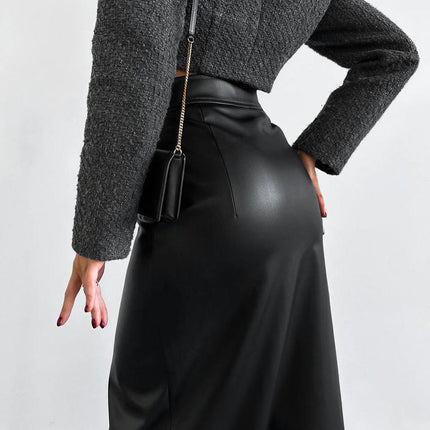 Women's Faux Leather High Waist Pencil Maxi Skirt Zipper Split Bodycon Long Skirt